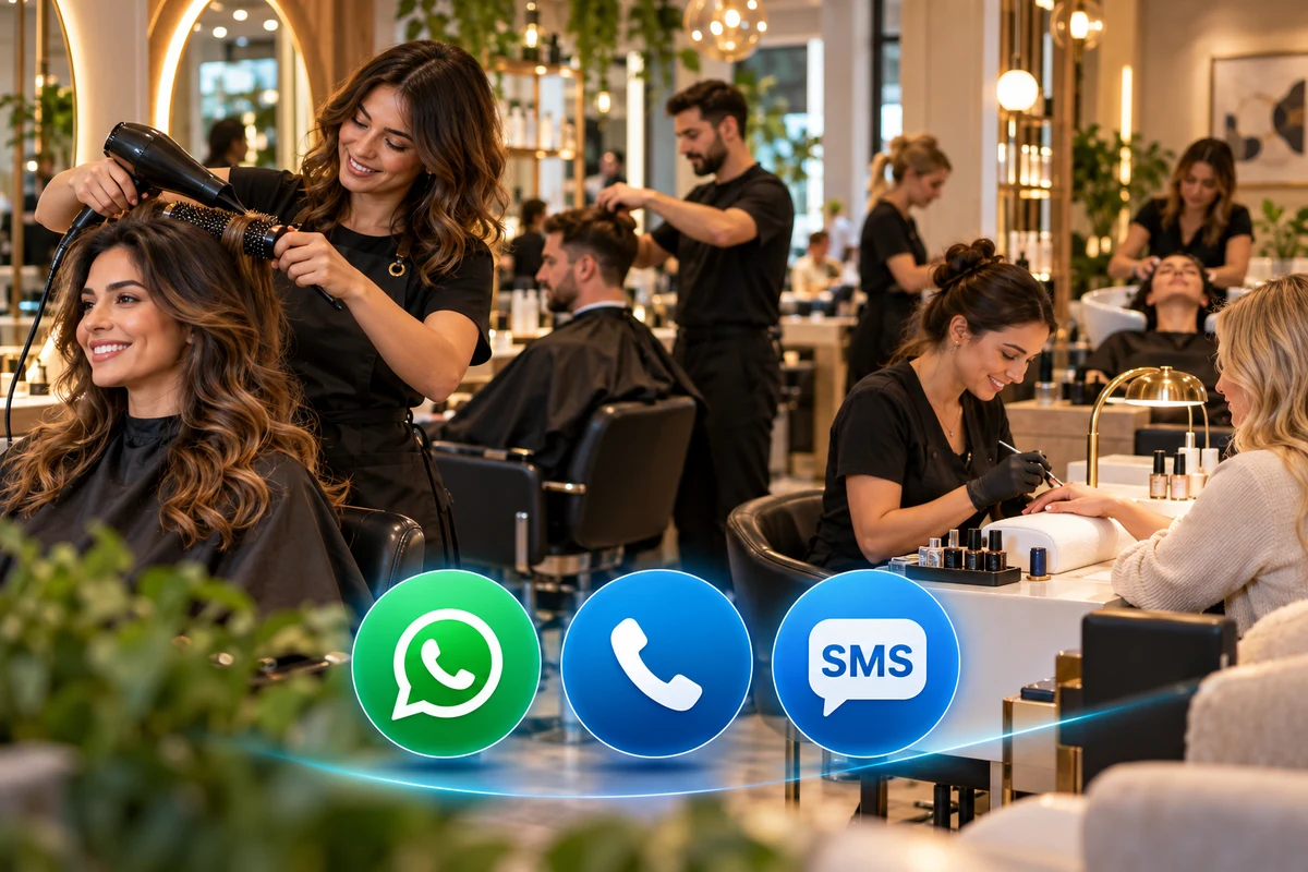 Beauty-Salon mit Kunden sowie WhatsApp-, Telefon- und SMS-Symbolen