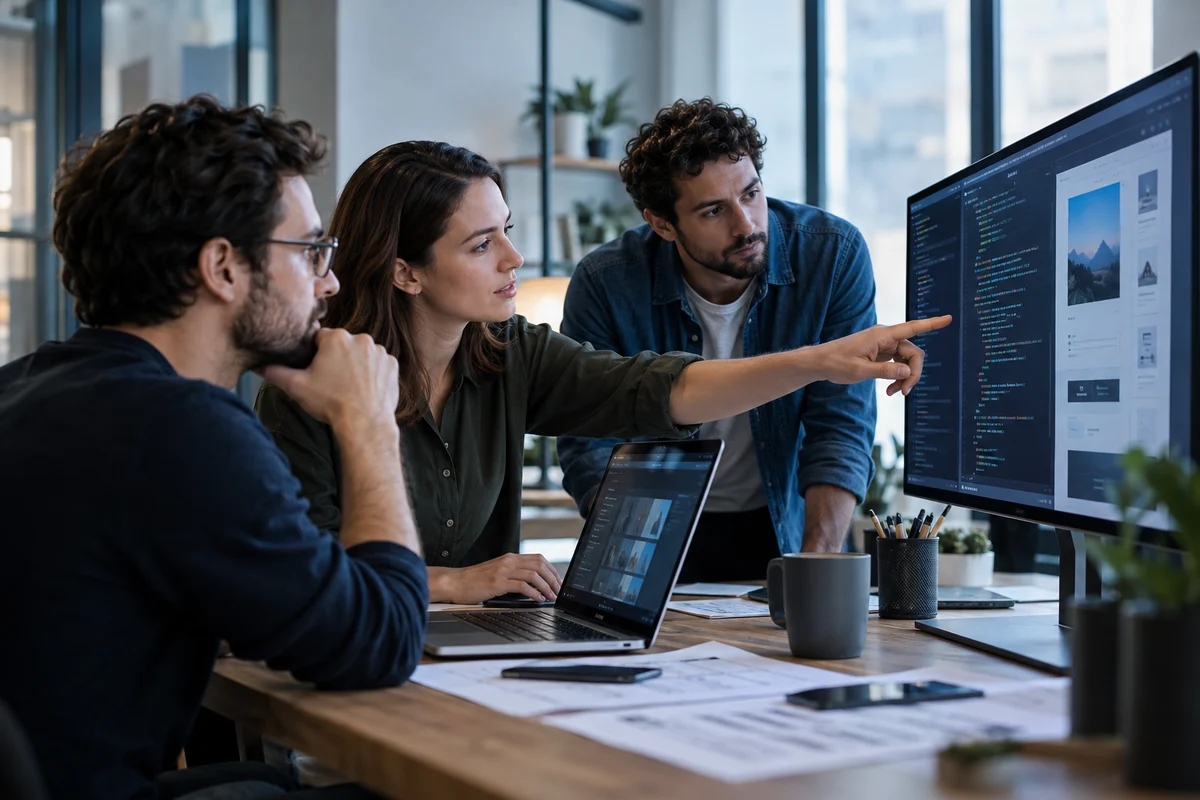 Softwarefachleute bei der gemeinsamen Arbeit an einer digitalen Anwendung